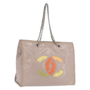 CHANEL Chain Tote Bag Patent leather Beige CC Auth EC956-1