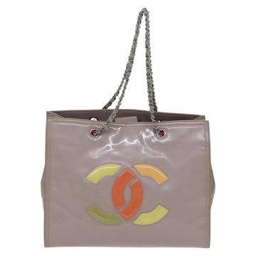 CHANEL Chain Tote Bag Patent leather Beige CC Auth EC956 - 0