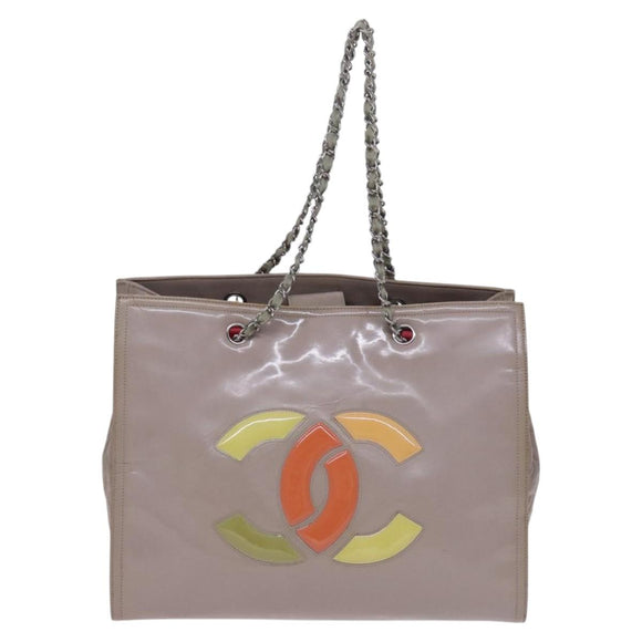 CHANEL Chain Tote Bag Patent leather Beige CC Auth EC956
