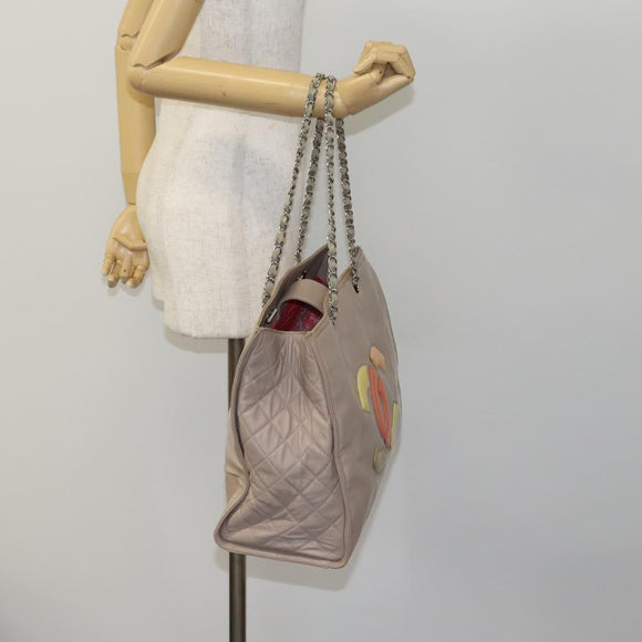 CHANEL Chain Tote Bag Patent leather Beige CC Auth EC956