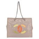 CHANEL Chain Tote Bag Patent leather Beige CC Auth EC956-2