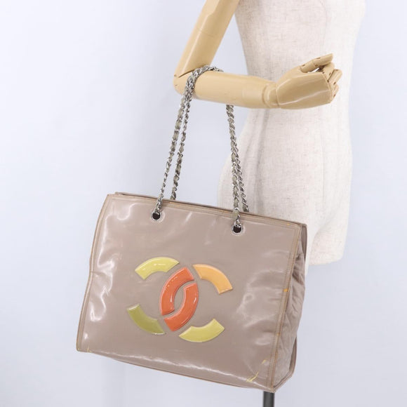 CHANEL Chain Tote Bag Patent leather Beige CC Auth EC956