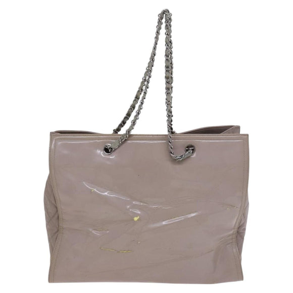 CHANEL Chain Tote Bag Patent leather Beige CC Auth EC956