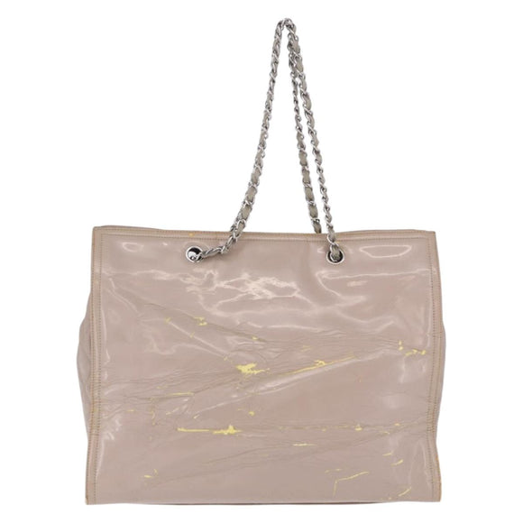 CHANEL Chain Tote Bag Patent leather Beige CC Auth EC956