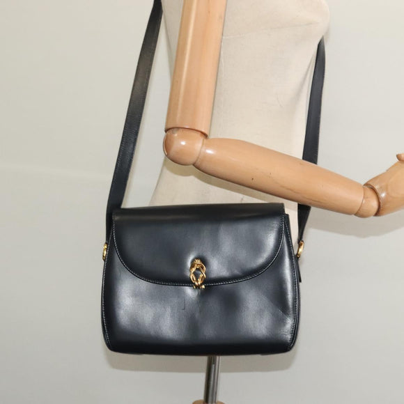 GUCCI Shoulder Bag Leather Navy Gold Auth ep10015