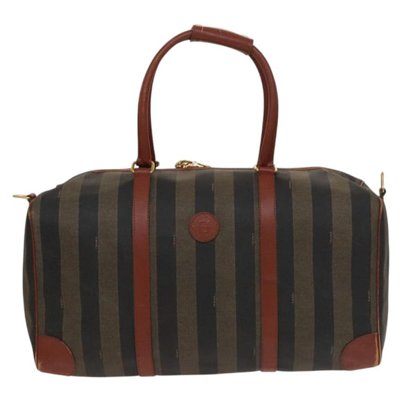 FENDI Pecan Canvas Boston Bag Black Brown gold Auth ep10025