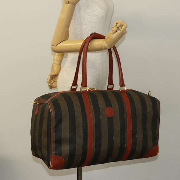 FENDI Pecan Canvas Boston Bag Black Brown gold Auth ep10025