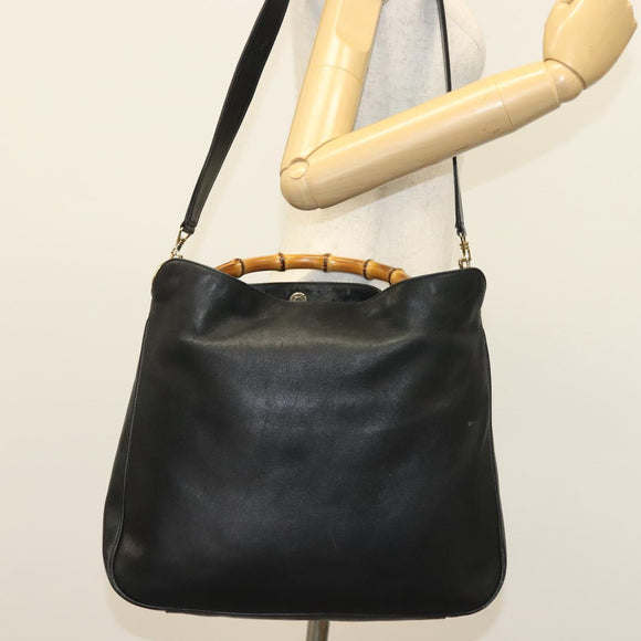 GUCCI Bamboo Hand Bag Leather 2way Black Gold 001 1577 3754 Auth ep10036