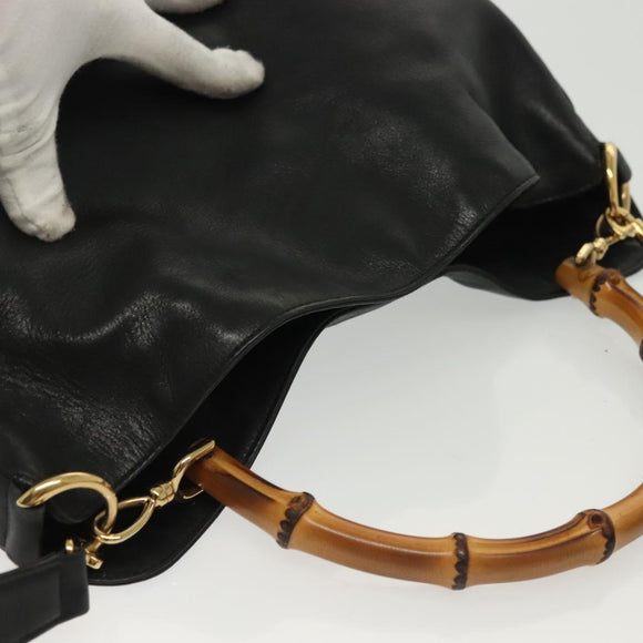 GUCCI Bamboo Hand Bag Leather 2way Black Gold 001 1577 3754 Auth ep10036
