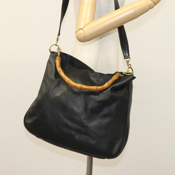 GUCCI Bamboo Hand Bag Leather 2way Black Gold 001 2852 1577 0 Auth ep10073