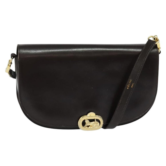 CELINE Shoulder Bag Leather Brown Gold Auth ep10103