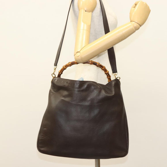 GUCCI Bamboo Hand Bag Leather 2way Black Gold 001 1577 Auth ep10141
