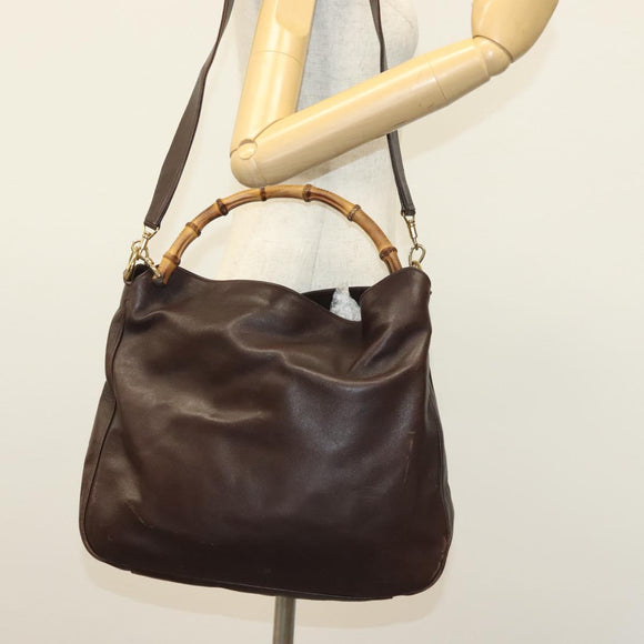 GUCCI Bamboo Hand Bag Leather 2way Gold Black 001 2123 1577 Auth ep10149