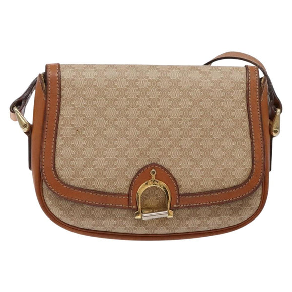 CELINE Macadam Canvas Shoulder Bag Beige Gold Auth ep10178