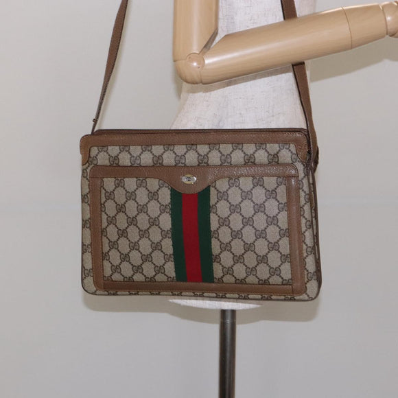 GUCCI GG Supreme Web Sherry Line Shoulder Bag PVC Beige Gold Red Auth ep10287