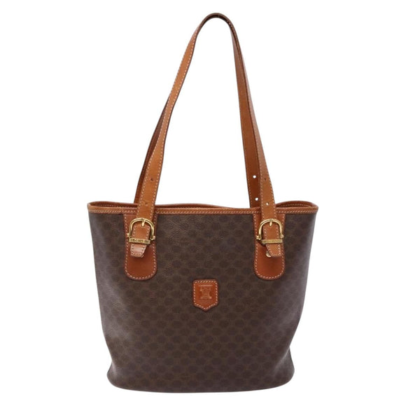 CELINE Macadam Canvas Hand Bag PVC Leather Brown Gold Auth ep10409