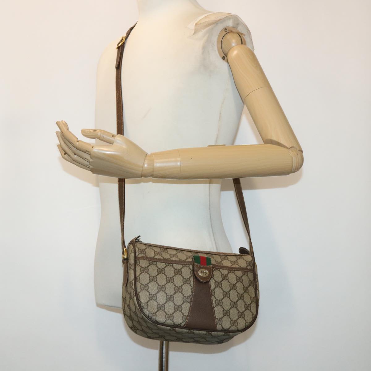 GUCCI GG Canvas Web Sherry Line Shoulder Bag Beige Red 89.02.032 Auth ep1041