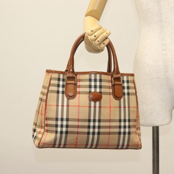 Burberrys Nova Check Hand Bag Canvas Gold Beige Auth ep10436