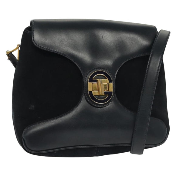 GUCCI Shoulder Bag Suede Navy Gold Auth ep10549