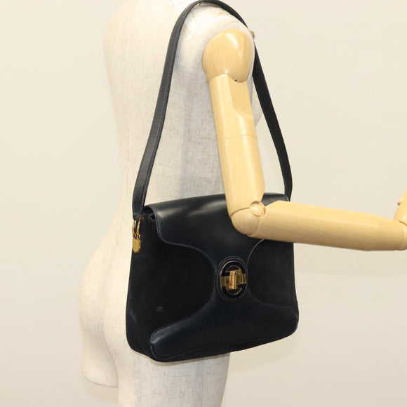 GUCCI Shoulder Bag Suede Navy Gold Auth ep10549