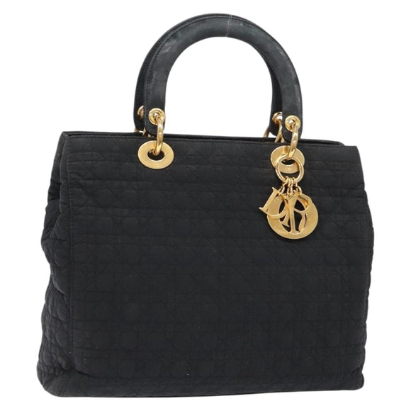 Christian Dior Lady Dior Canage Hand Bag Nylon Black Gold Auth ep10577