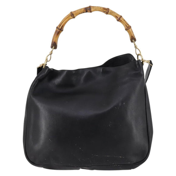 GUCCI Bamboo Hand Bag Leather 2way Black Gold 001 1998 1577 Auth ep10628