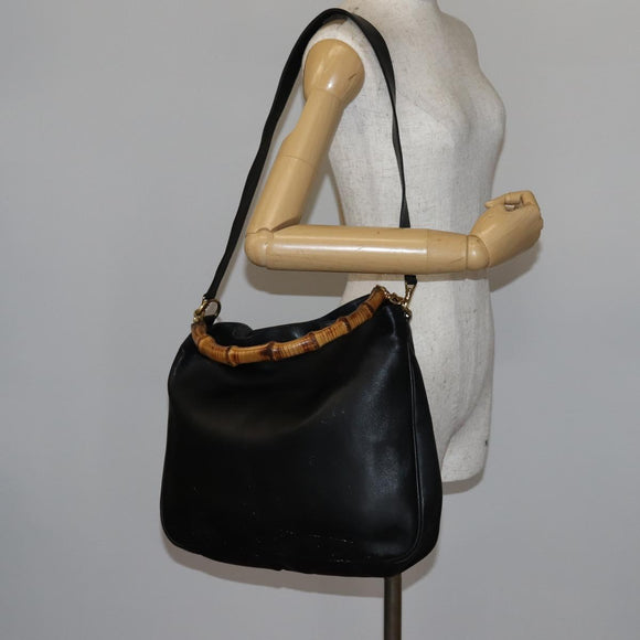 GUCCI Bamboo Hand Bag Leather 2way Black Gold 001 1998 1577 Auth ep10628
