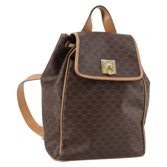 CELINE Macadam Canvas Backpack PVC Leather Brown Gold Auth ep10632