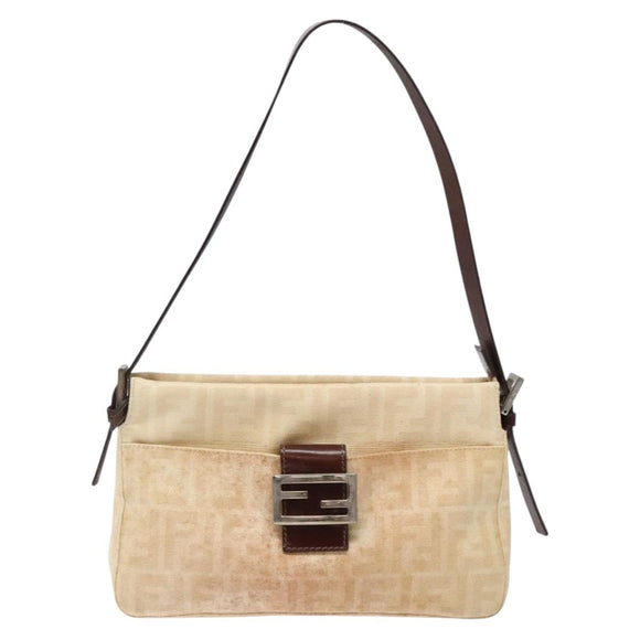 FENDI Zucca Canvas Mamma Baguette Shoulder Bag Beige Silver Auth ep10694