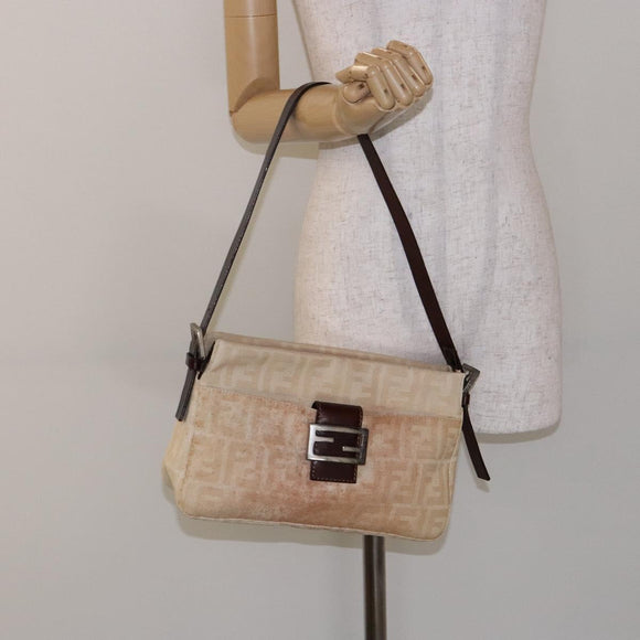 FENDI Zucca Canvas Mamma Baguette Shoulder Bag Beige Silver Auth ep10694