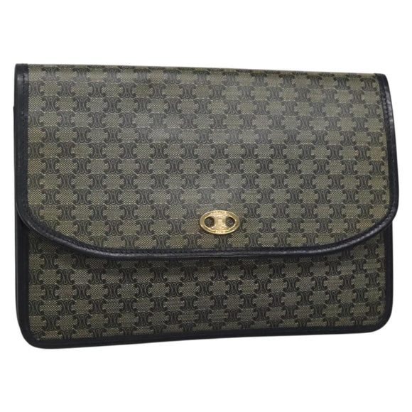 CELINE Macadam Canvas Clutch Bag PVC Navy Gold Auth ep10721