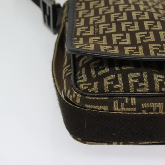 FENDI Zucchino Canvas Shoulder Bag Brown Silver Auth ep10724