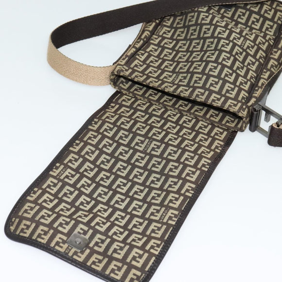 FENDI Zucchino Canvas Shoulder Bag Brown Silver Auth ep10724