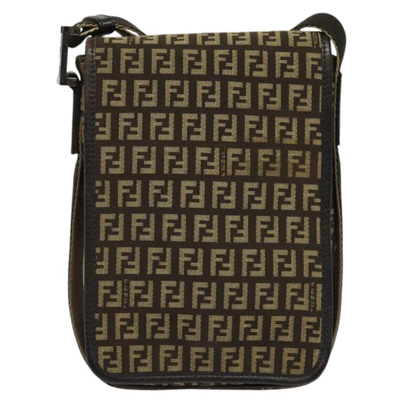 FENDI Zucchino Canvas Shoulder Bag Brown Silver Auth ep10724