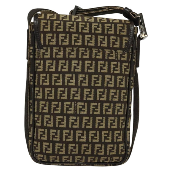 FENDI Zucchino Canvas Shoulder Bag Brown Silver Auth ep10724
