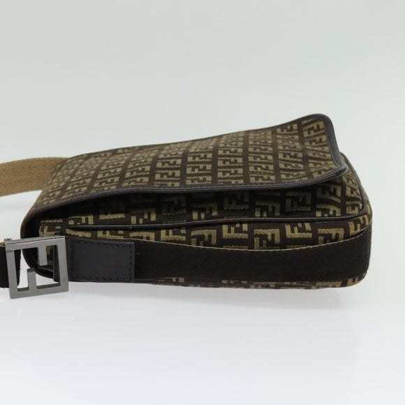 FENDI Zucchino Canvas Shoulder Bag Brown Silver Auth ep10724