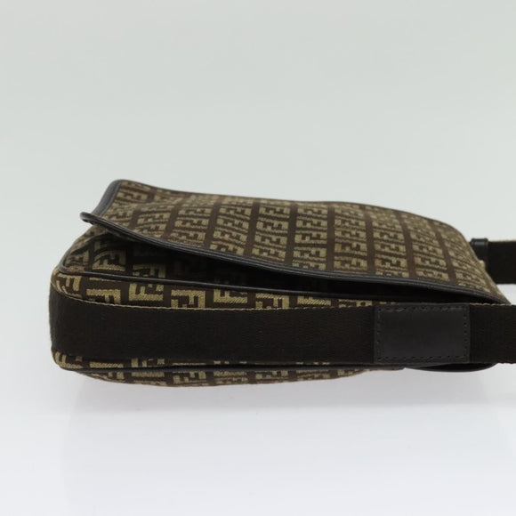 FENDI Zucchino Canvas Shoulder Bag Brown Silver Auth ep10724
