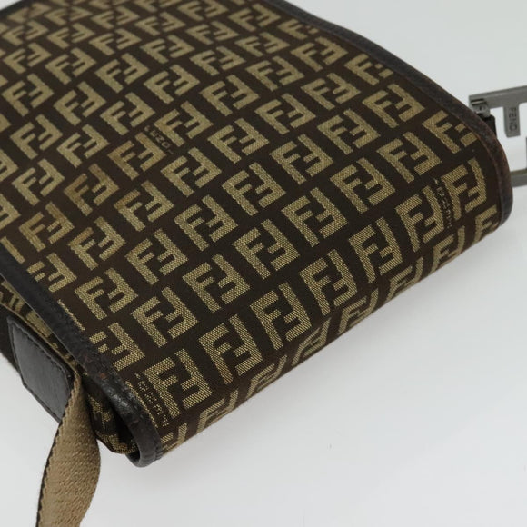 FENDI Zucchino Canvas Shoulder Bag Brown Silver Auth ep10724
