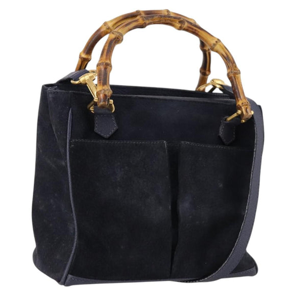GUCCI Bamboo Hand Bag Suede 2way Navy Gold 000 2214 0316 Auth ep10732