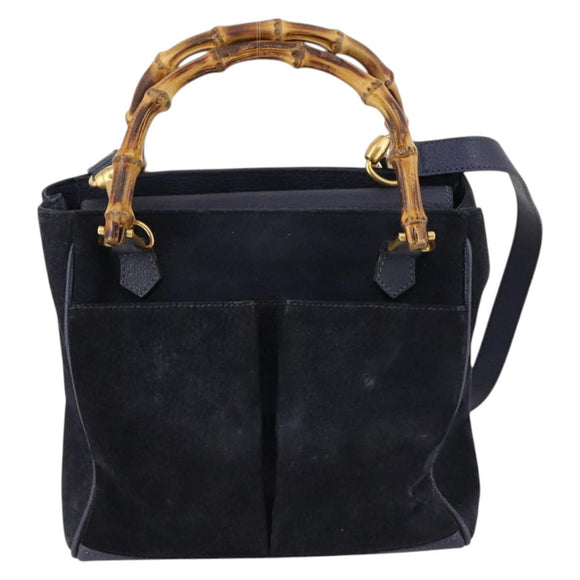 GUCCI Bamboo Hand Bag Suede 2way Navy Gold 000 2214 0316 Auth ep10732