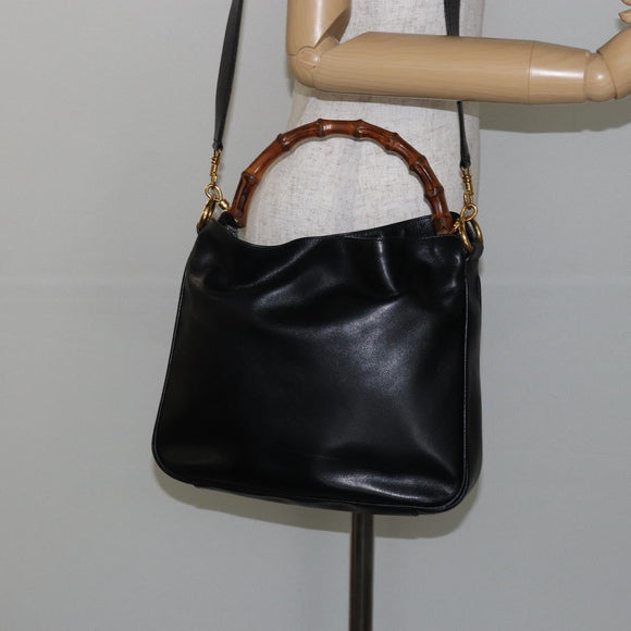 GUCCI Bamboo Hand Bag Leather 2way Black Gold Auth ep10736