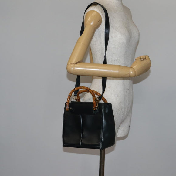 GUCCI Bamboo Hand Bag Leather 2way Navy Gold 000 122 0316 Auth ep10737