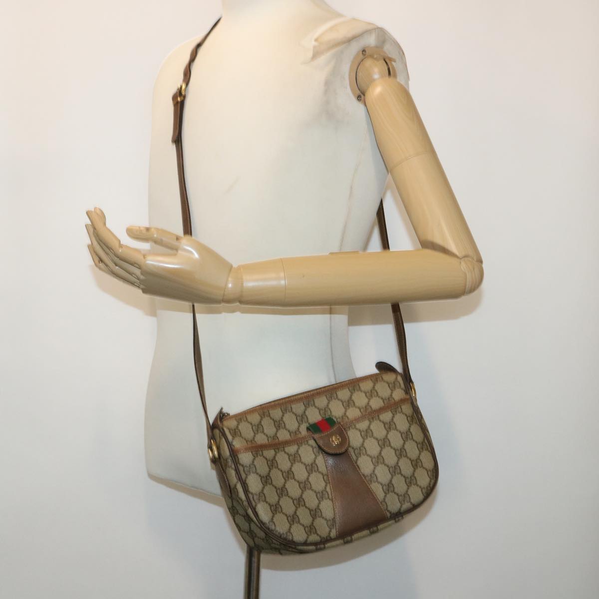 GUCCI GG Canvas Web Sherry Line Shoulder Bag Beige Red 001•58•6177 Auth ep1075