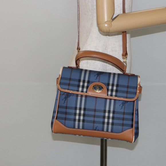 Burberrys Nova Check Hand Bag PVC 2way Blue Gold Auth ep10757