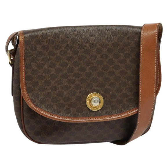 CELINE Macadam Canvas Shoulder Bag PVC Leather Brown Gold Auth ep10815