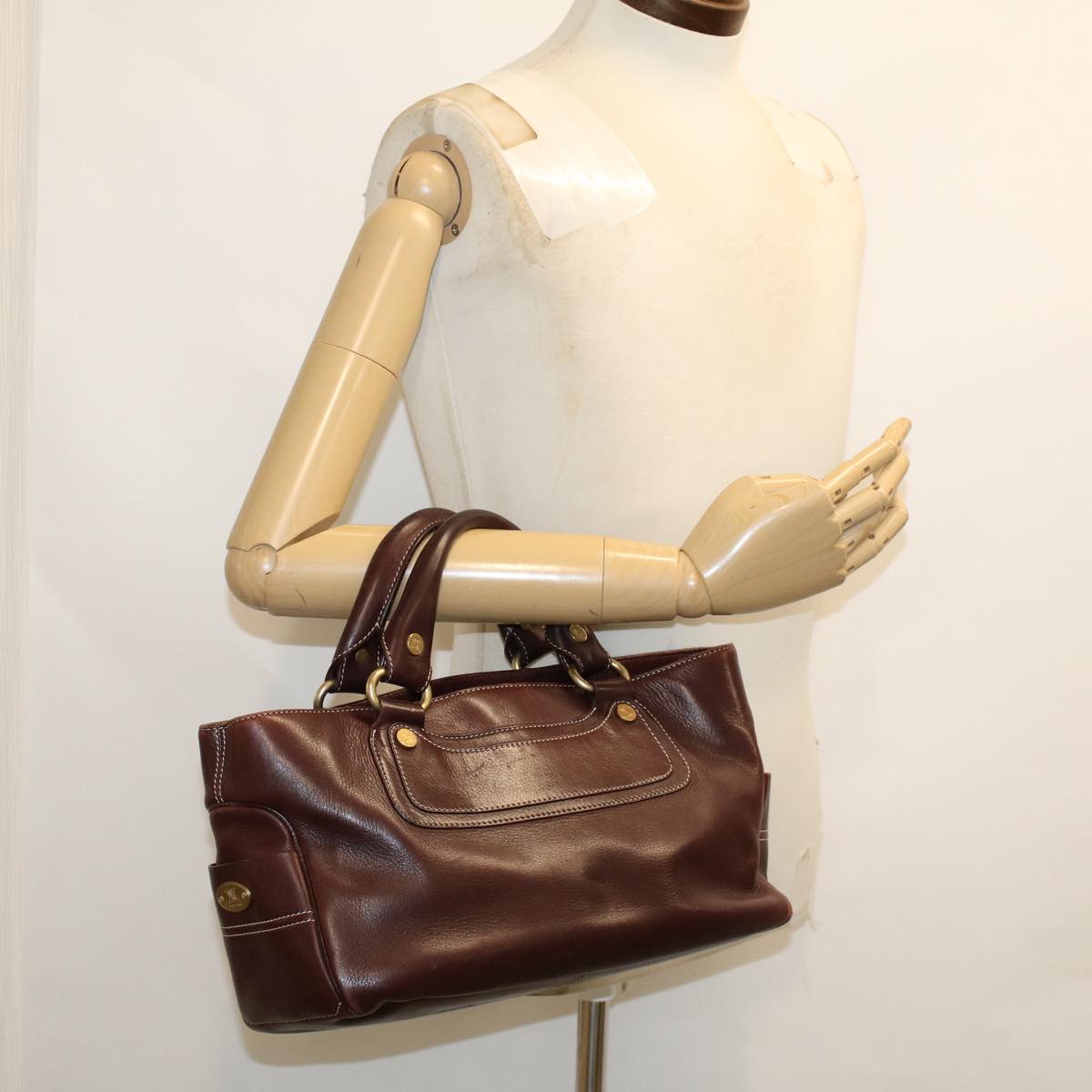 CELINE Hand Bag Leather Wine Red Auth ep1086