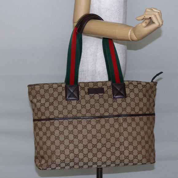 GUCCI GG Canvas Web Sherry Line Tote Bag Beige Silver 155524 Auth ep10948