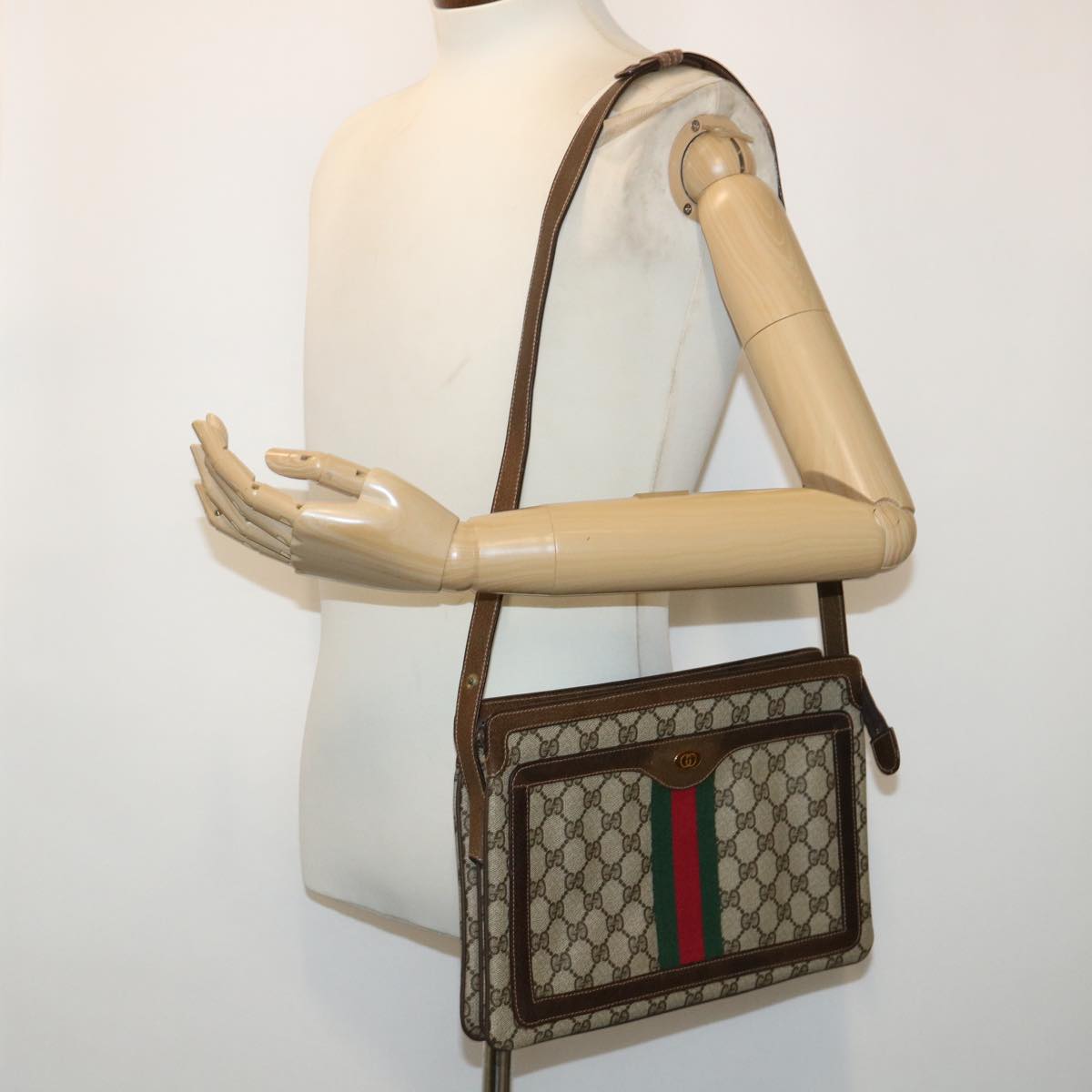 GUCCI GG Canvas Web Sherry Line Shoulder Bag Beige Red 001•16•4085 Auth ep1097