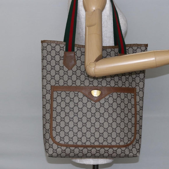 GUCCI GG Plus Supreme Web Sherry Line Tote Bag PVC Beige Gold Auth ep11042