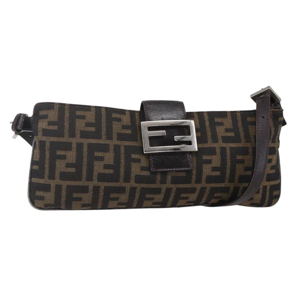 FENDI Zucca Canvas Mamma Baguette Shoulder Bag Black Brown Silver Auth ep11066